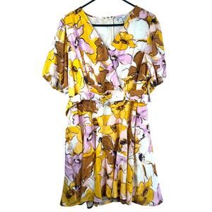 Nine West Faux Wrap Belted Dress Pink Gold Abstract Bloom print, XL NWT
